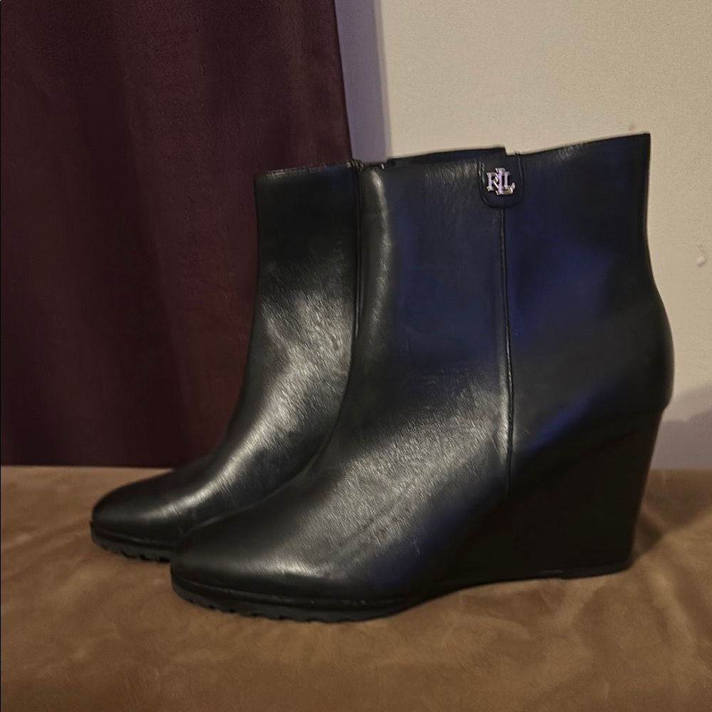 Ralph Lauren Black Leather Wedge Boots worn once. Like new!!!
